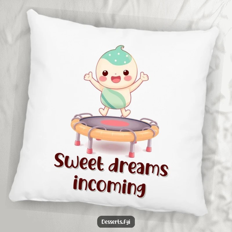 Funny pillow with a soft texture, showing a candy character happily bouncing on a taffy trampoline, perfect for cozy humor.