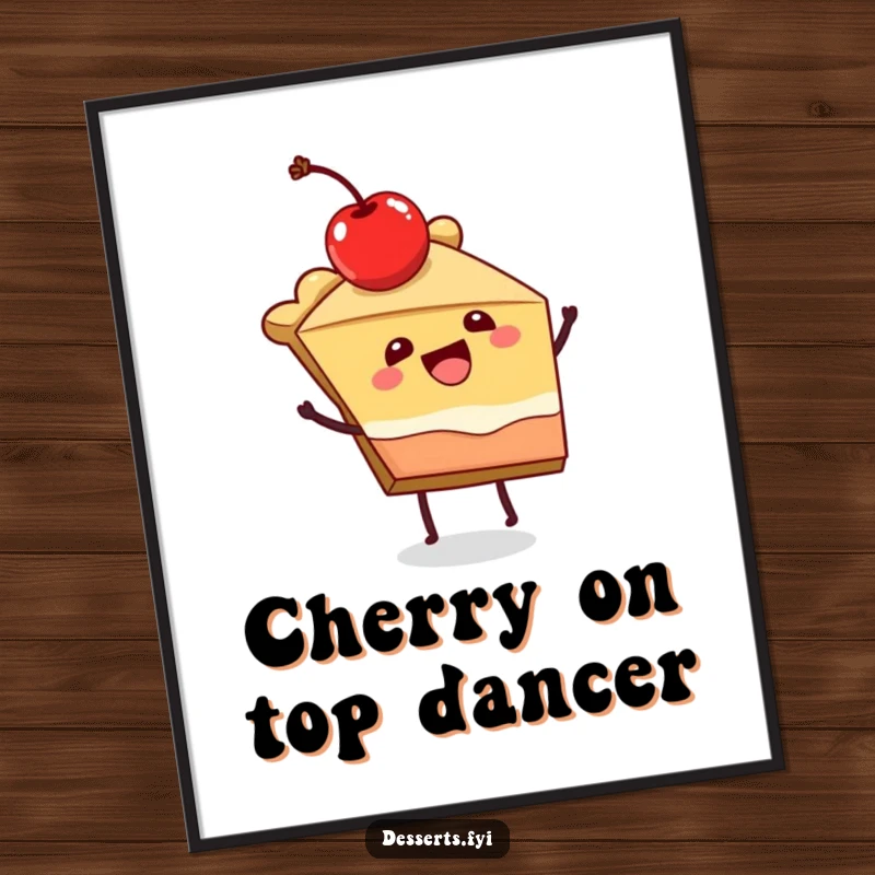 Funny digital art print of a joyful slice of pie character dancing, exuding festive energy and fun humorously.
