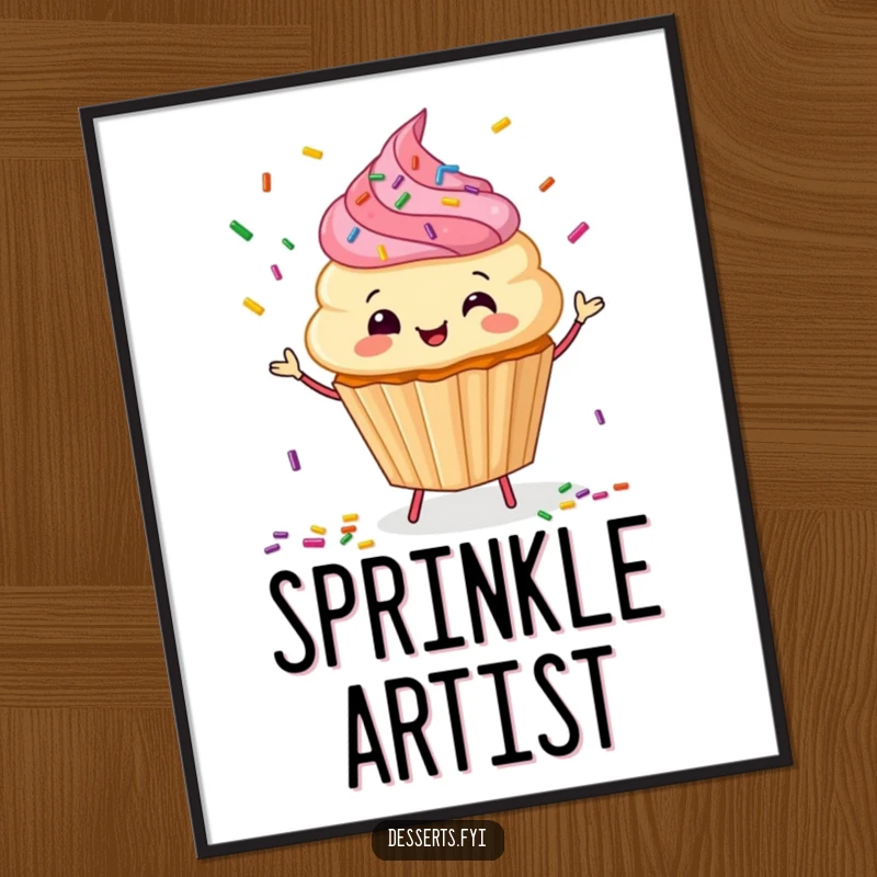 Funny Digital Art Print: A happy cupcake juggles sprinkles, bringing instant sweet humor.