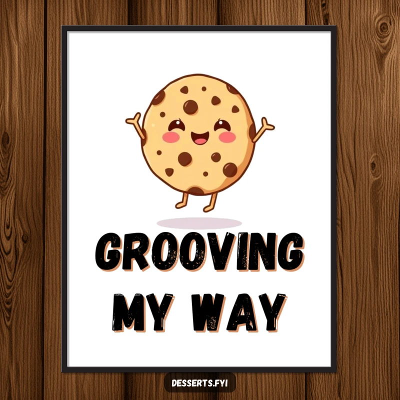 Funny cookie digital art print of a happy chocolate chip cookie doing a lively dance, bringing instant joy and humor to any room.