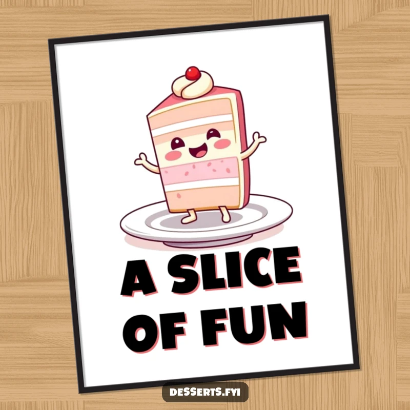 Funny digital art print depicting a smiling slice of cake character joyfully dancing on a plate, embodying the sweet and celebratory spirit of desserts.