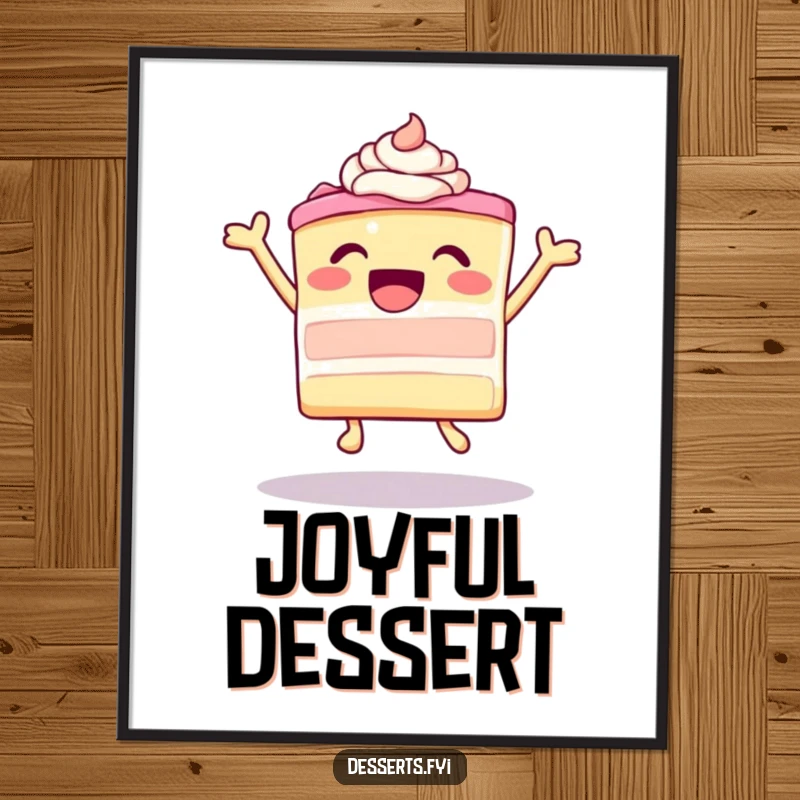 Funny leaping cake with ecstatic frosting digital artwork, vibrant and joyful, ready for printing as a humorous decor, ideal funny gift.