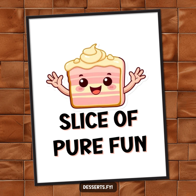 Funny digital art print of a playful slice of cake with frosting arms waving enthusiastically.