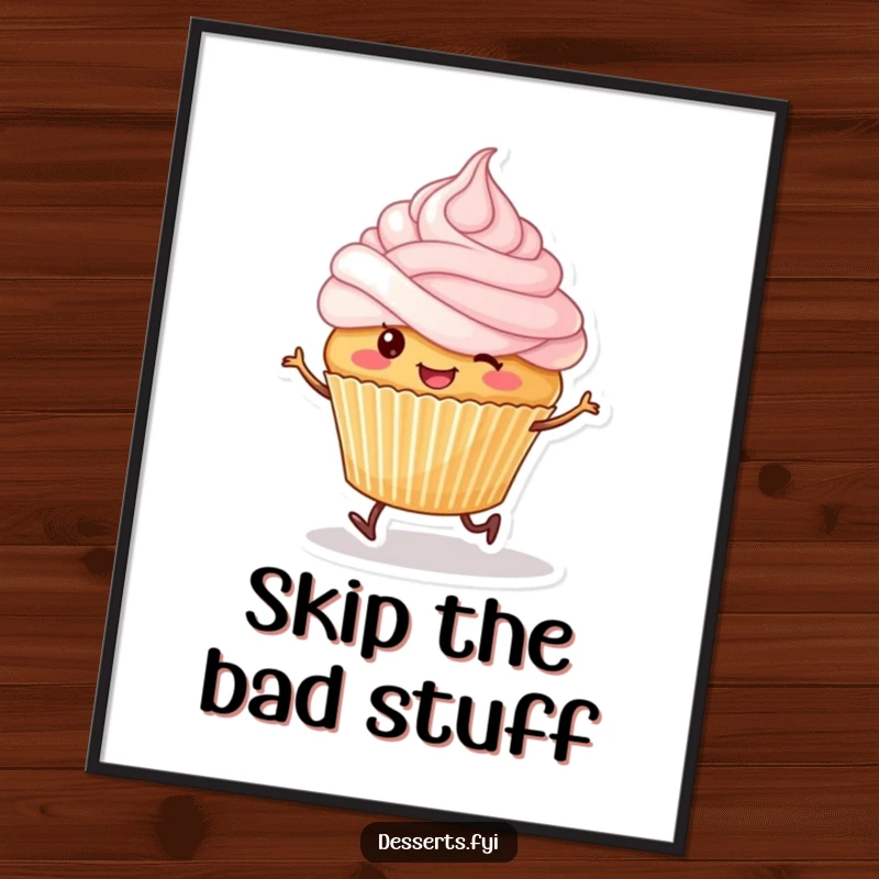 Funny digital art print of a smiling cupcake with tiny legs happily skipping, frosting on its head.
