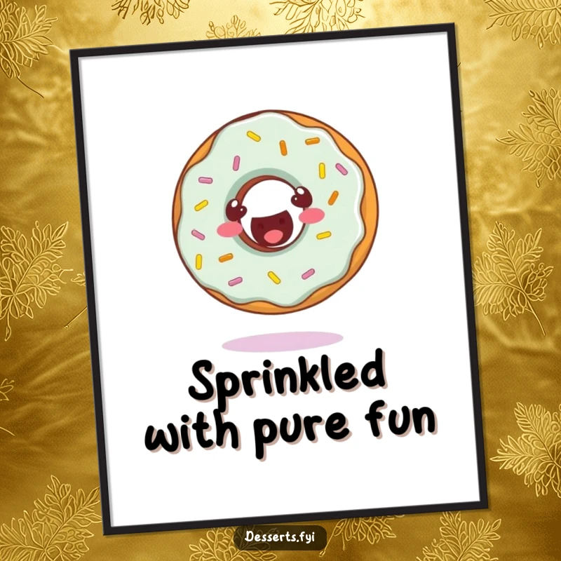 Funny digital art print of a cheerful donut character doing a somersault, exuding playful energy and fun humorously.