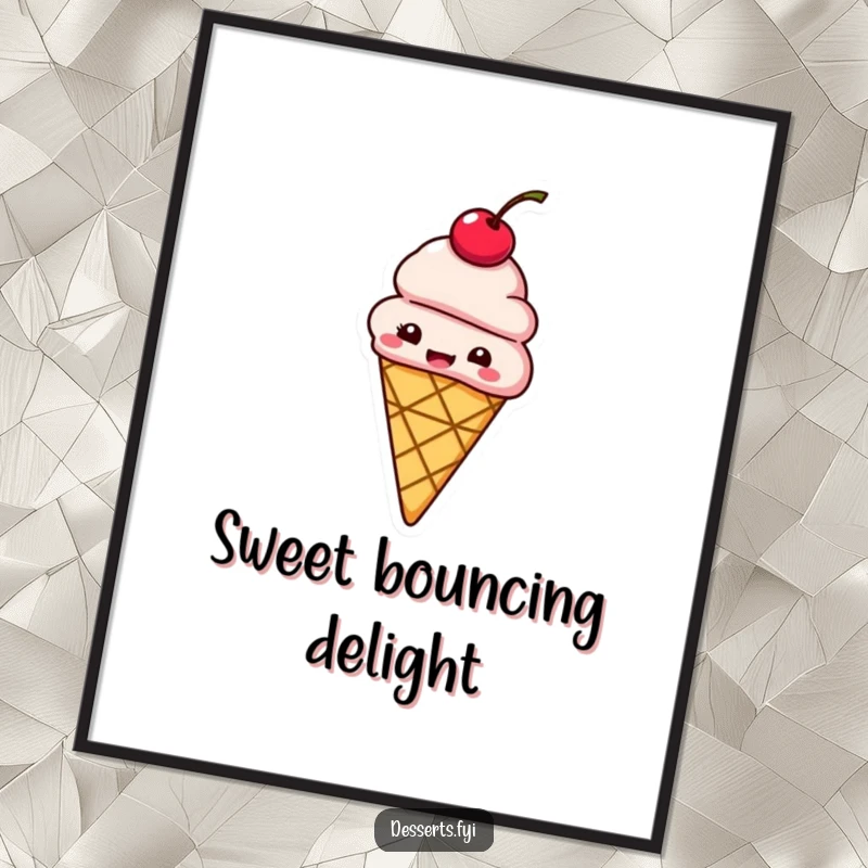 Funny digital art print of a giggling ice cream cone with a cherry on top bouncing with delight.