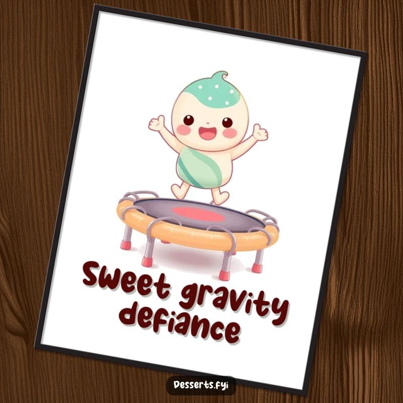 Funny digital art print of a candy character joyfully bouncing high on a taffy trampoline, ready to be printed and displayed.