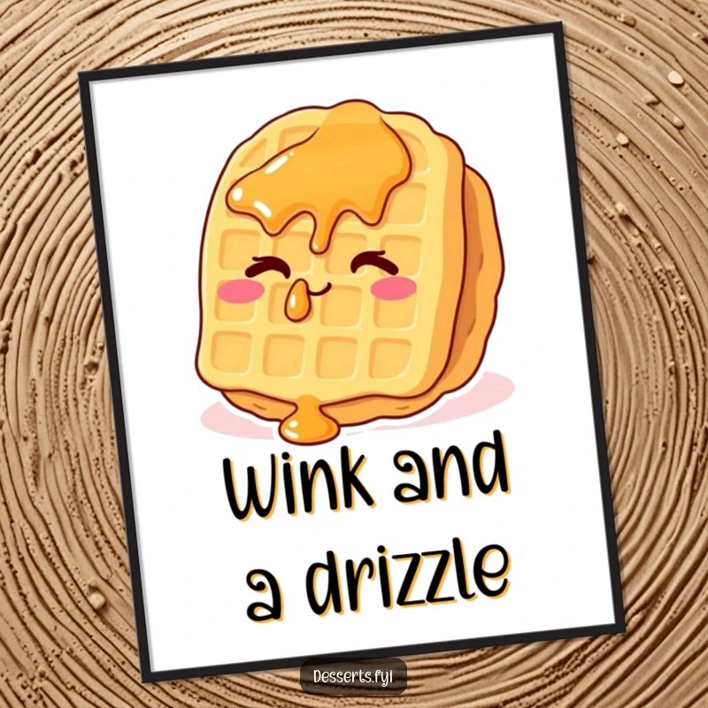 Funny waffle digital art print featuring a whimsical waffle with syrup drops giving a cheeky wink, ideal for instant humorous decor.