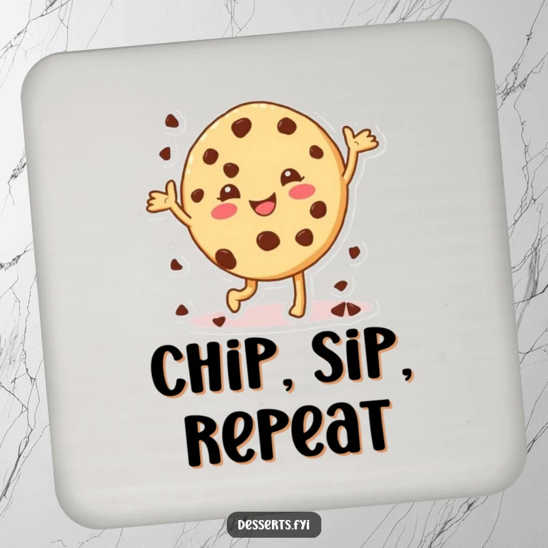 Funny cookie drink coaster featuring a character doing a happy dance with chocolate chips, protecting surfaces with sweetness.