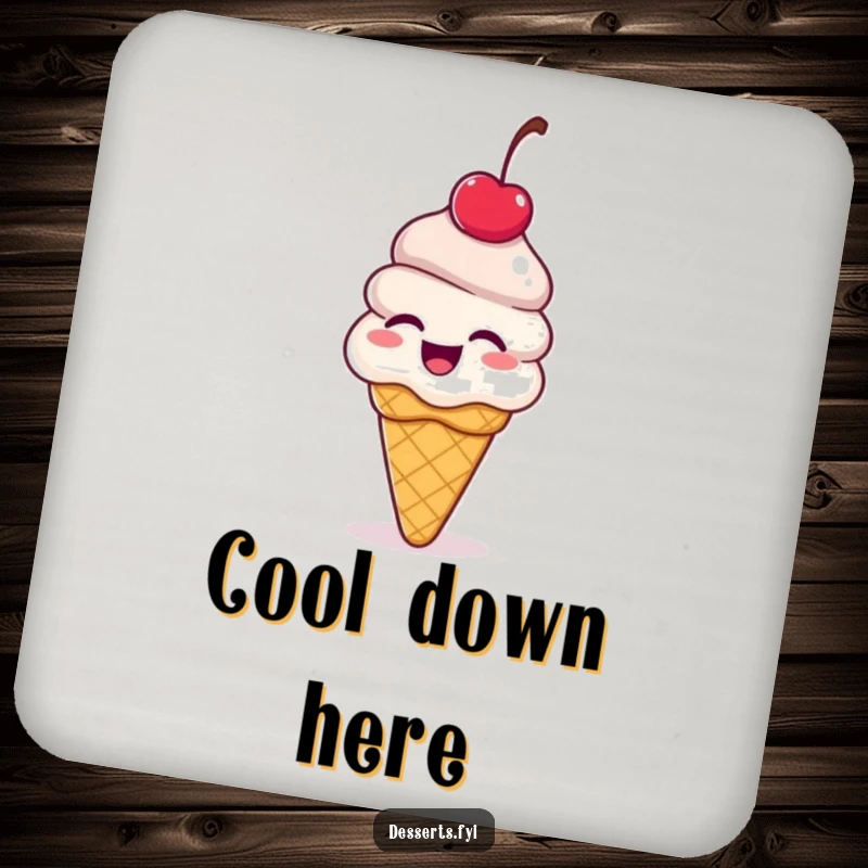 Funny ice cream cone coasters, a dessert with a cherry on top giggling and bouncing with delight, adding humorous sweet treat flair to drink settings.
