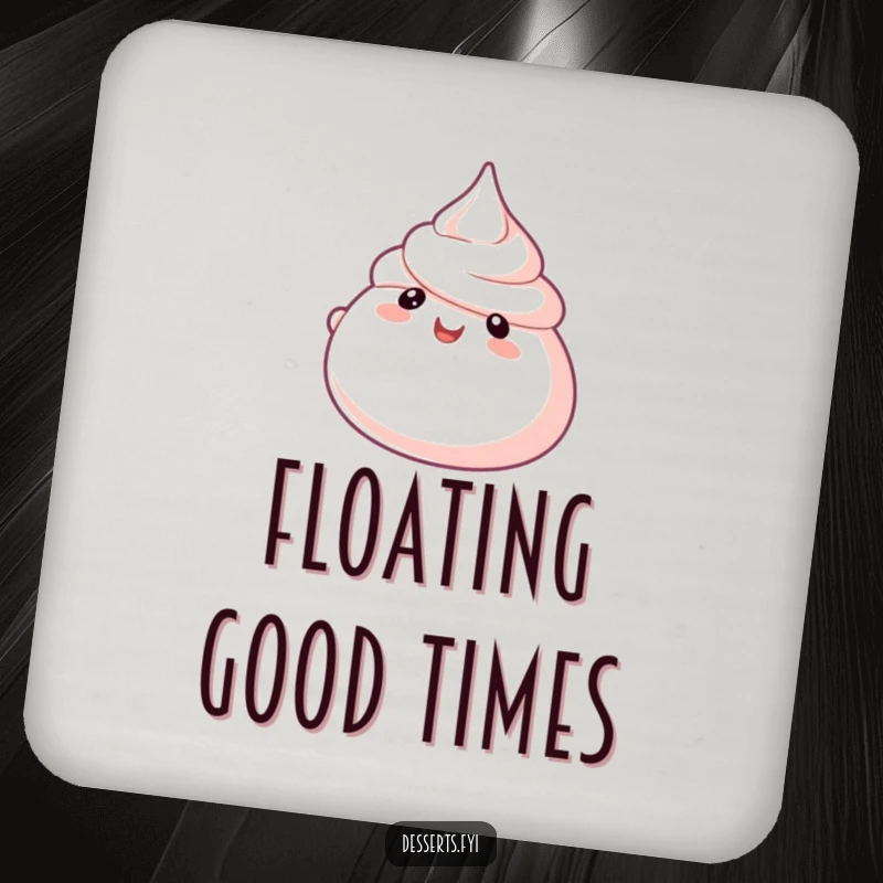 Funny Meringue Drink Coaster featuring a bubbly character floating, protecting surfaces with sweet, airy humor.