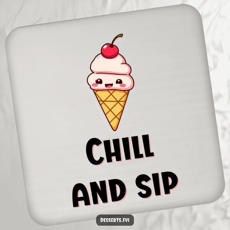 Funny coasters featuring a giggling ice cream cone with a cherry on top bouncing with delight.