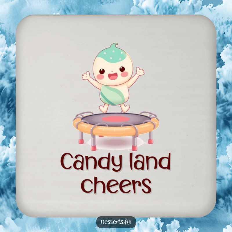 Funny drink coaster with a candy character bouncing on a taffy trampoline, adding a touch of whimsy to surface protection.