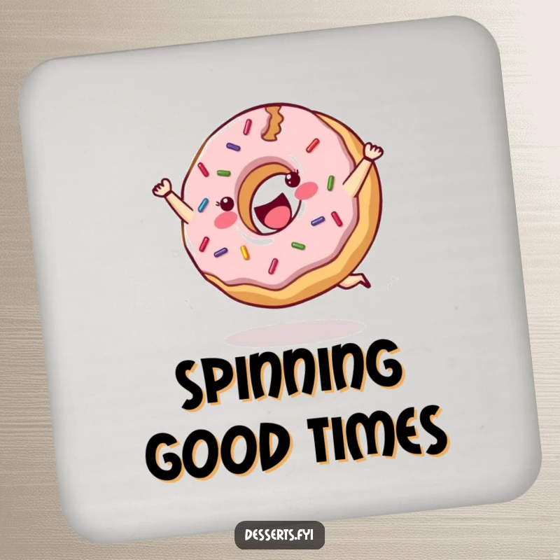 Funny coasters featuring a cheerful donut with sprinkles doing a joyful cartwheel.