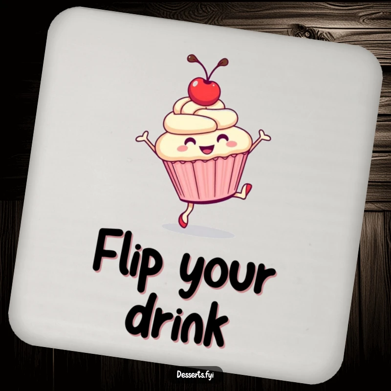 Funny drink coaster with a smiling cupcake doing a cartwheel, a humorous and functional home accessory for dessert lovers.