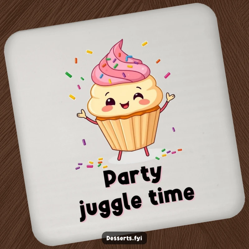 Funny Coasters: A happy cupcake juggles sprinkles, protecting surfaces with sweet humor.