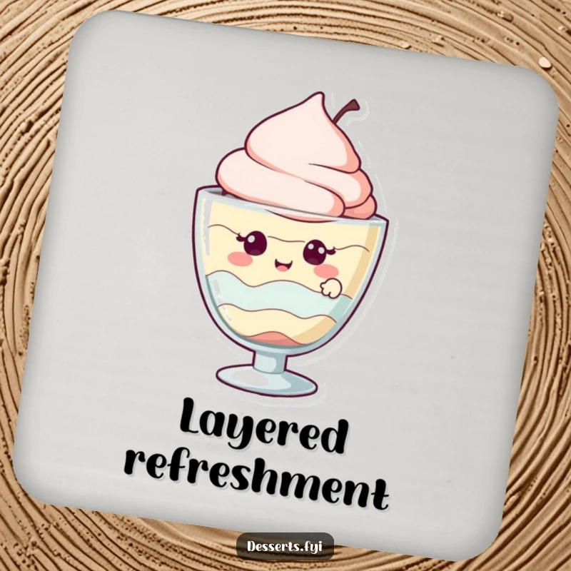 Funny drink coaster showing a giggling parfait character peeking out from its glass, bringing sweet joy.