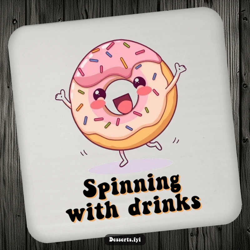 Funny donut coasters, a cheerful dessert with sprinkles doing a joyful cartwheel with glee, adding humorous sweet treat flair to drink settings.
