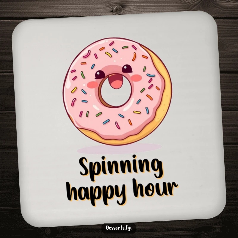 Funny Coaster: A delighted donut with sprinkles doing a joyful somersault, decorating your table.