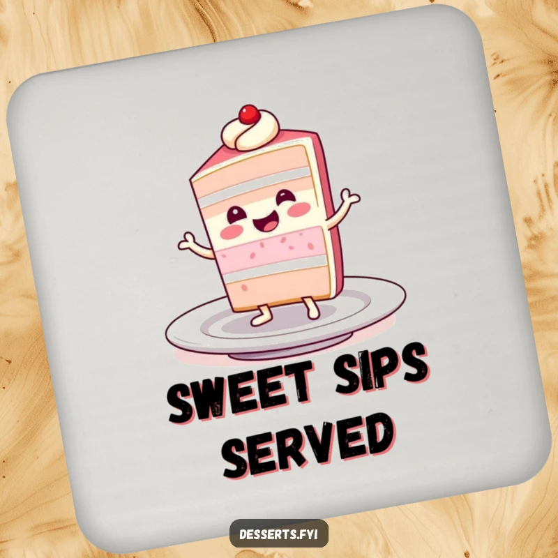 Funny drink coaster showing a smiling slice of cake character doing a little dance on a plate, embodying the joy of sweet treats.
