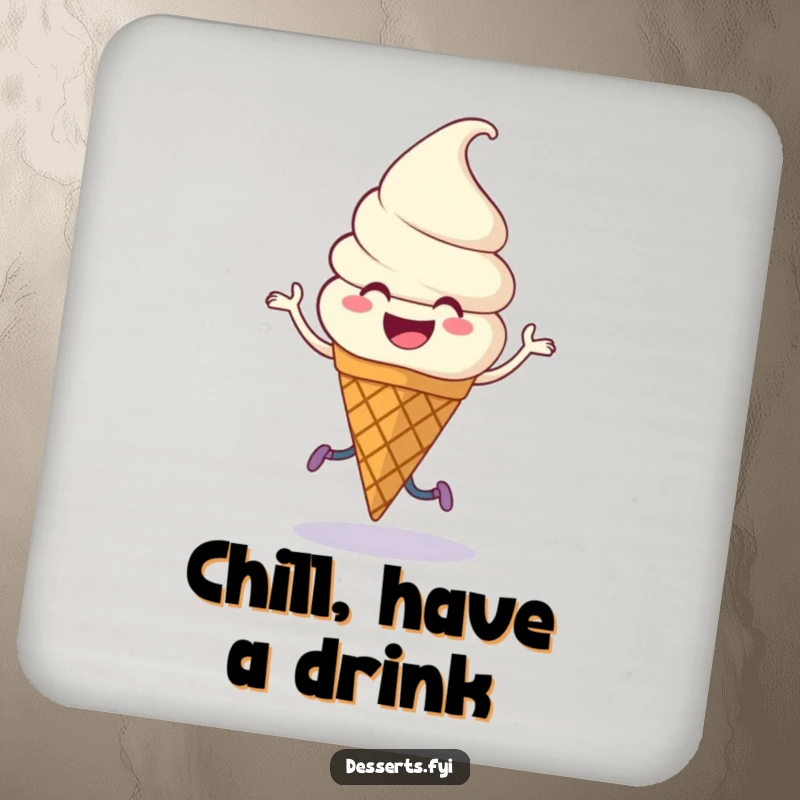 Funny Drink Coaster: Smiling ice cream cone with legs doing a joyful jig.