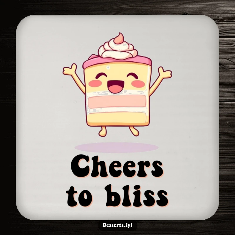 Funny leaping cake with ecstatic frosting on a drink coaster, adding playful dessert protection, a delightful funny gift.