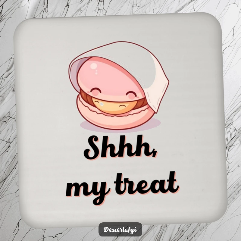 Funny macaron coaster showing a curious macaron peeking from under a napkin, adding a humorous touch to your drinkware and surfaces.