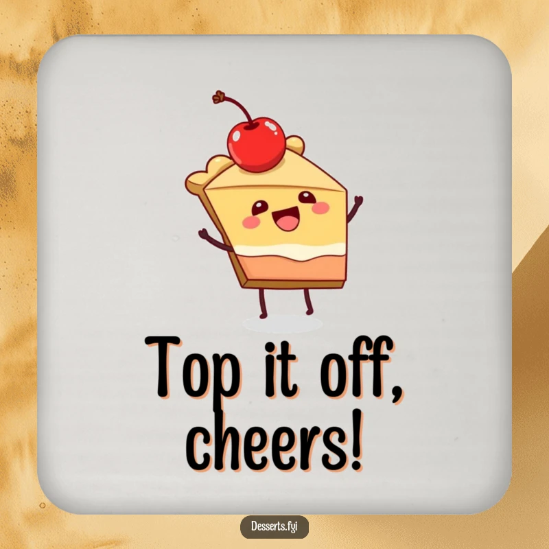 Funny drink coaster with a joyful slice of pie character dancing, adding festive charm to tabletops.
