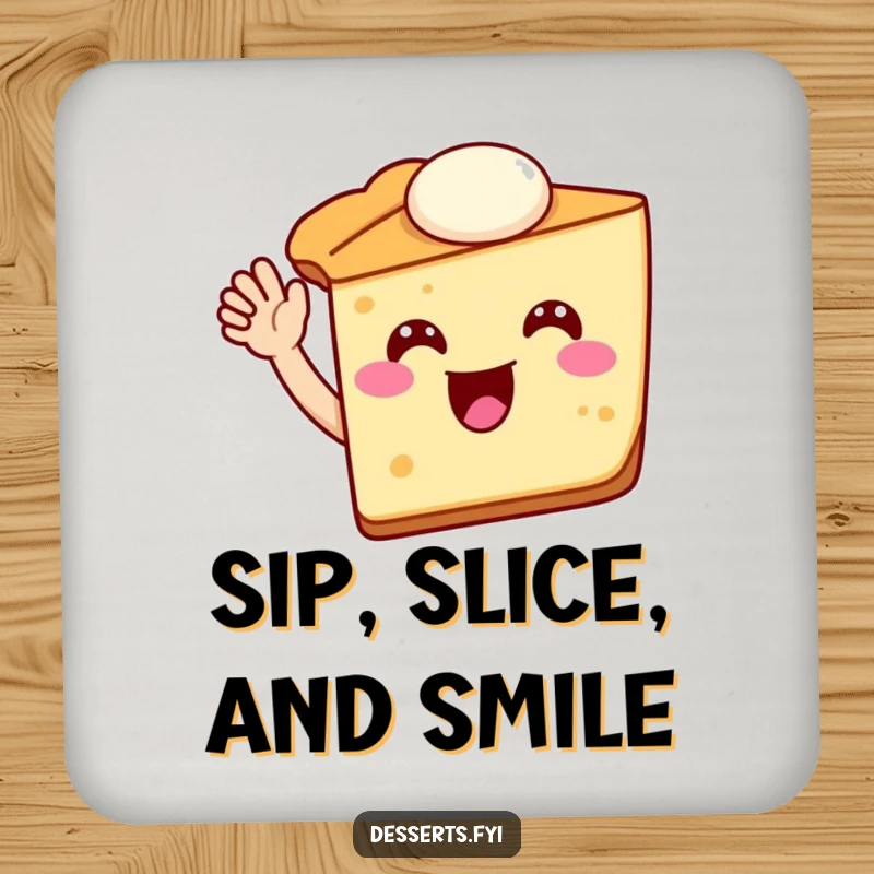 Funny pie slice coaster featuring a happy pie character waving, protecting surfaces with a cute and humorous dessert design.