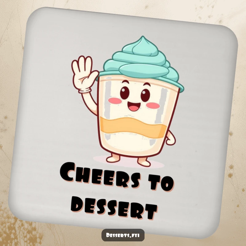 Funny drink coasters featuring a smiling pudding cup character giving a salute, protecting surfaces with charm.