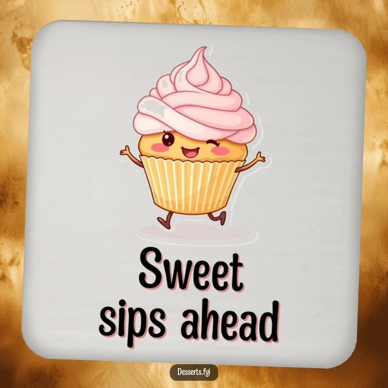 Funny coasters featuring a smiling cupcake with tiny legs happily skipping, frosting on its head.
