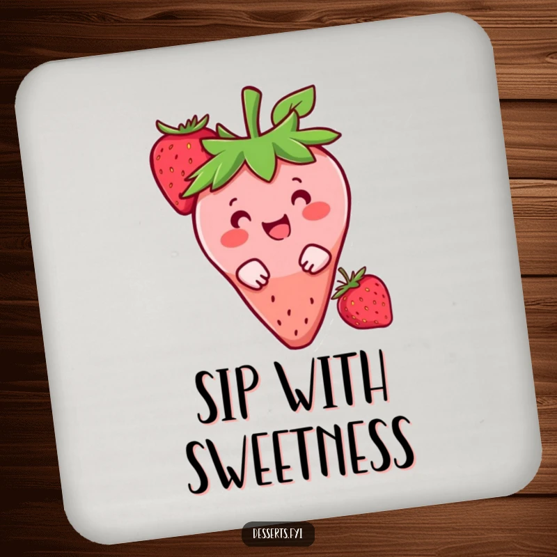 Funny drink coasters featuring a happy strawberry character peeking from behind a berry, protecting surfaces with sweet charm.