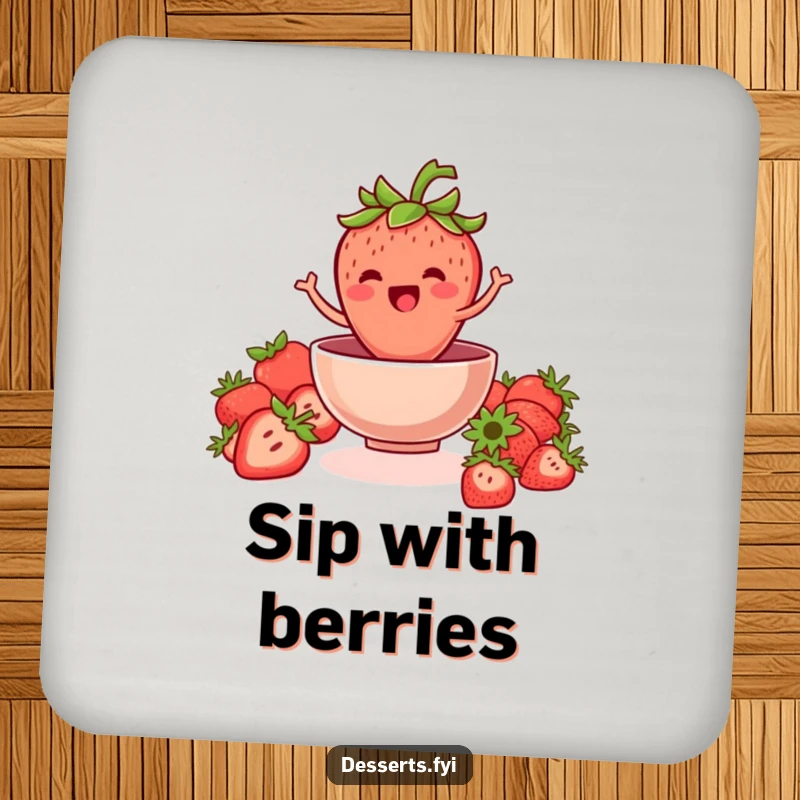 Funny strawberry drink coasters featuring a jovial strawberry jumping into a bowl, perfect for protecting surfaces with fruity-themed humor.