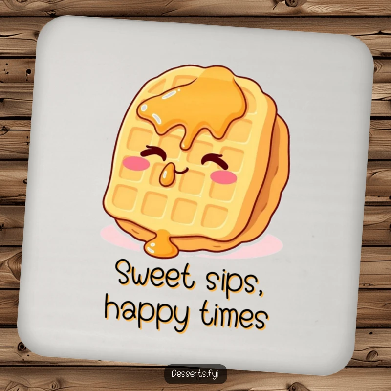 Funny waffle coaster with a whimsical waffle, syrup drops, and a cheeky wink, perfect for protecting surfaces with a dose of humor.