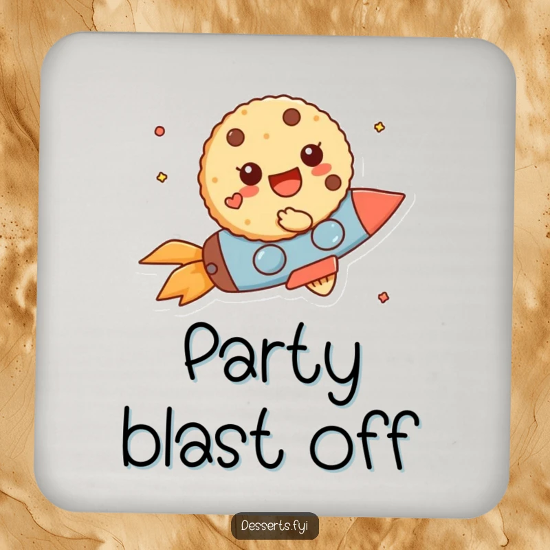 Funny Coasters: A cheerful cookie zooms on a tiny rocket, protecting surfaces with cosmic humor.