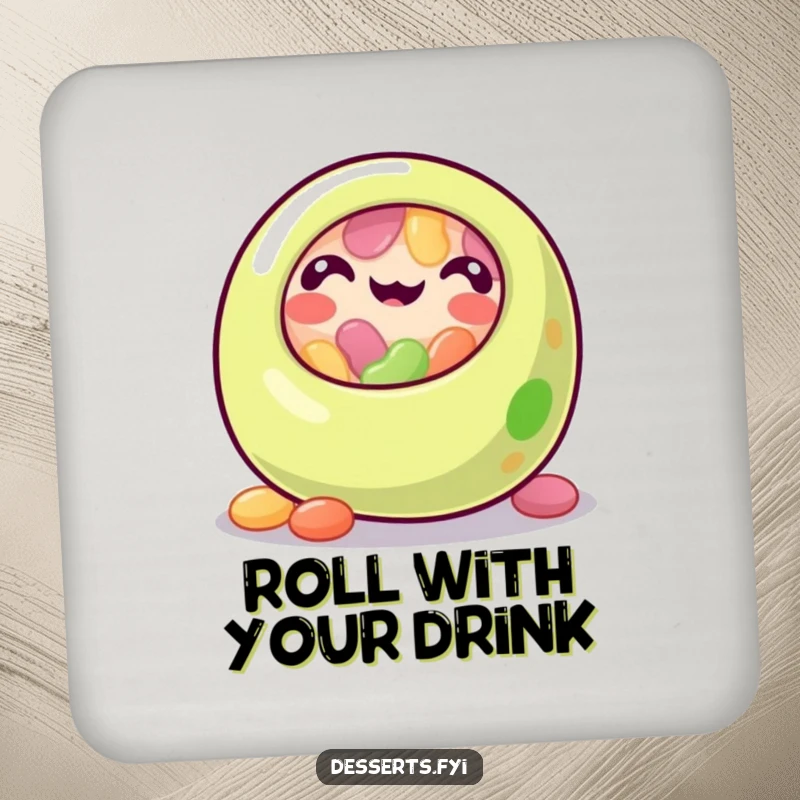 Funny jelly bean coaster featuring a happy, rolling jelly bean character, protecting surfaces with a cute and humorous colorful design.
