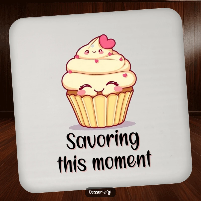 Funny drink coaster with a smiling cupcake character in a self-embrace, adding sweet charm to tabletops.