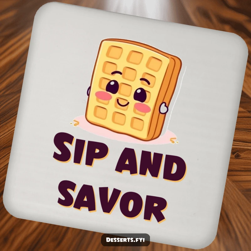 Funny drink coaster with a smiling waffle enthusiastically trying to flip itself. Protects surfaces humorously.