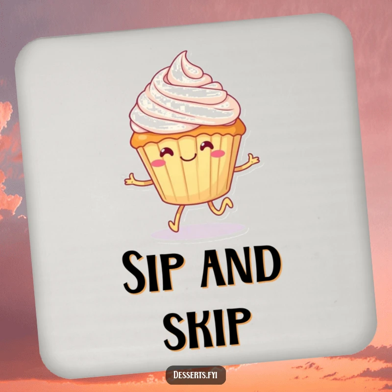 Funny cupcake coasters, a smiling dessert with tiny legs happily skipping with frosting on its head, adding humorous sweet treat flair to drink settings.