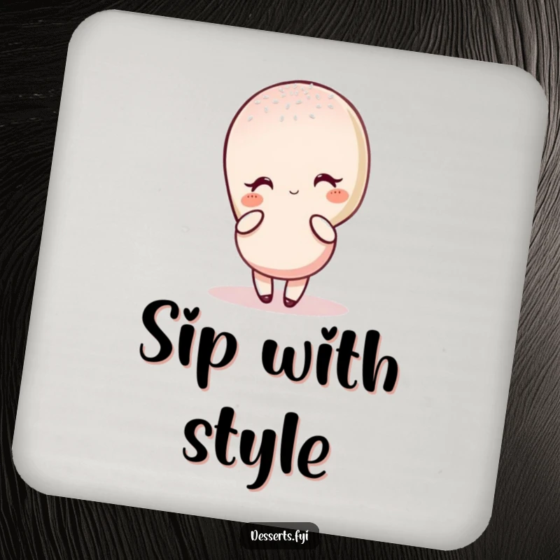 Funny drink coaster featuring a charming macaron character in an elegant, sugar-dusted pose, adding chic humor to any table.