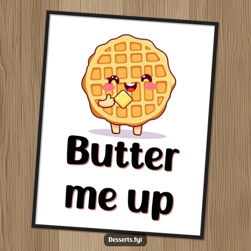 Funny Waffle Poster featuring a happy waffle character holding butter, adding whimsical and breakfast-themed humor to wall decor.