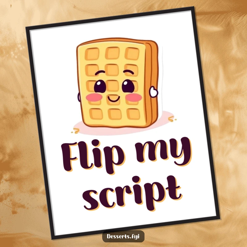 Funny poster of a smiling waffle with determined enthusiasm trying to flip itself over. Cheerful wall decor.
