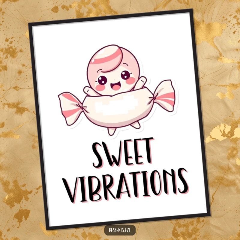 Funny poster of a playful candy character bouncing excitedly inside its wrapper, bringing sweet joy and color.