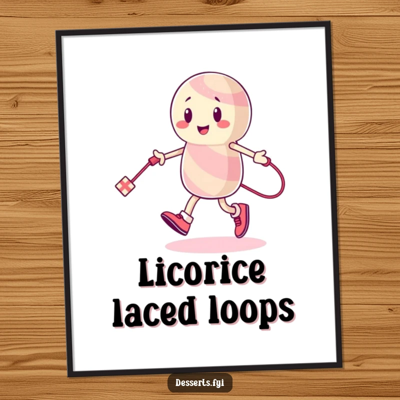 Funny Poster: An energetic candy character is shown skipping rope with a long licorice string, creating a whimsical and sweet piece of art.