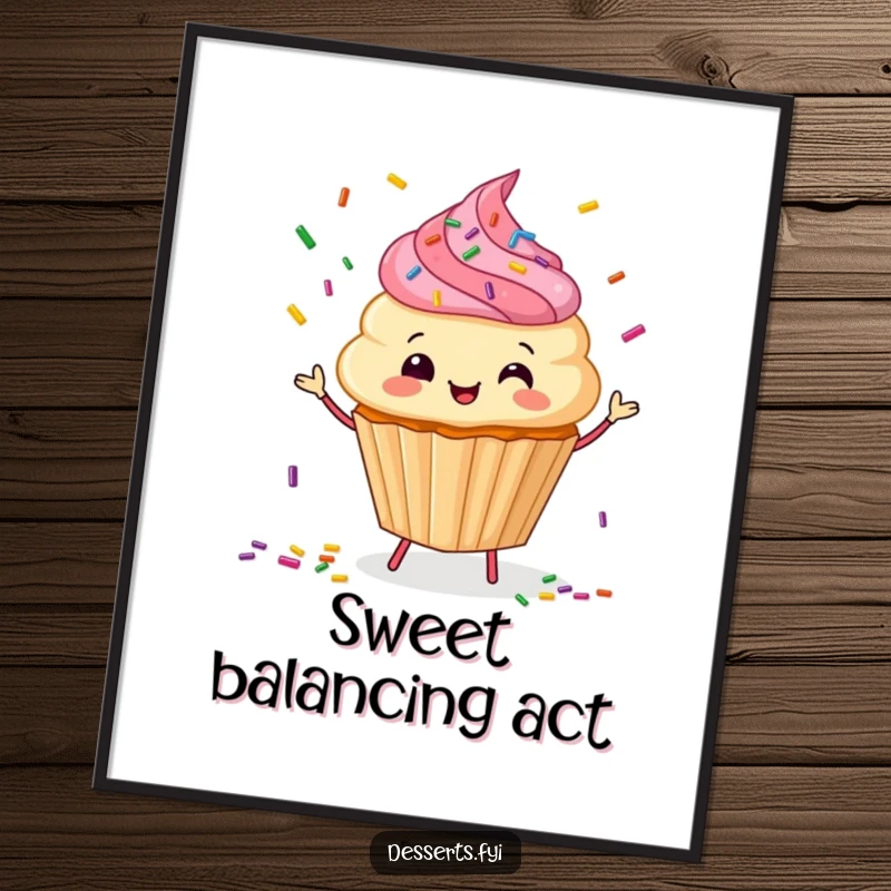 Funny Poster: A happy cupcake character playfully juggles colorful sprinkles, bringing sweet, whimsical art.