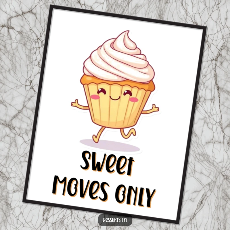 Funny cupcake poster, a smiling dessert with tiny legs happily skipping with frosting on its head, bringing humorous sweet treat art to any wall.