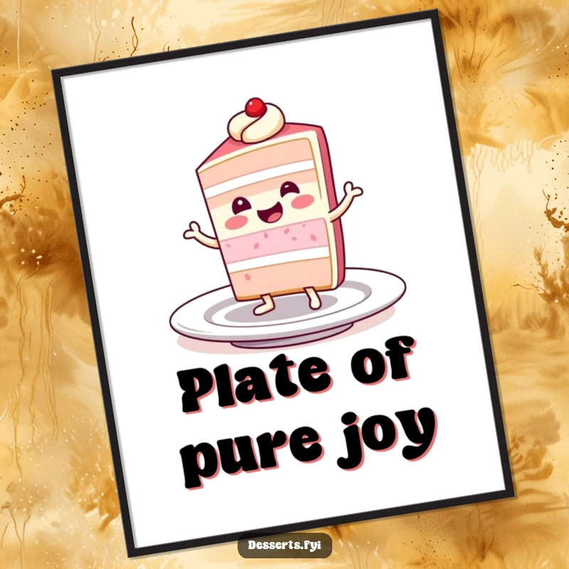 Funny poster of a smiling slice of cake character joyfully dancing on a plate, embodying the sweet and celebratory spirit of desserts.