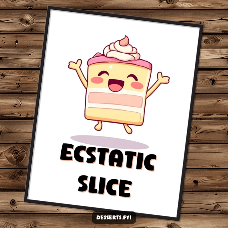 Funny leaping cake with ecstatic frosting illustration on a poster, radiating pure dessert joy and happiness, great funny gift.
