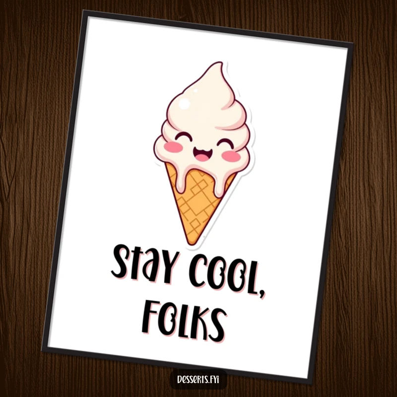 Funny poster of a joyful ice cream cone character melting slightly with happiness, creating a cheerful and sweet visual statement.