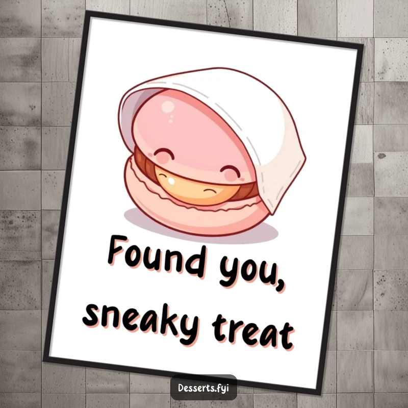 Funny macaron poster, featuring a curious macaron peeking out from under a napkin, its delicious filling hinted, adding humor to decor.